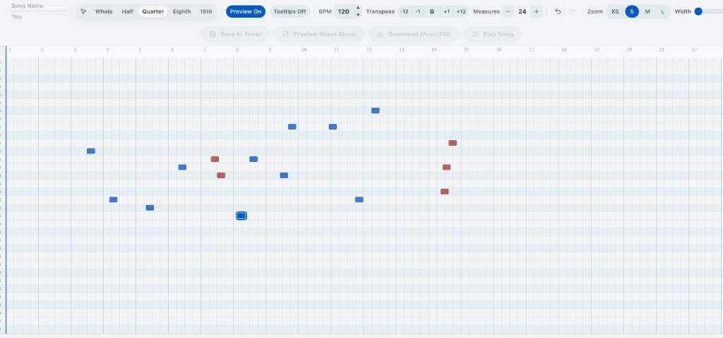Toner Create editor piano roll with notes and overlap highlighting
