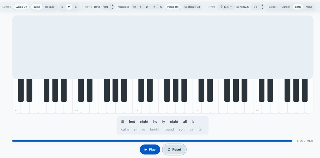 Toner gameplay showing falling notes toward a piano play line with lyrics for Silent Night